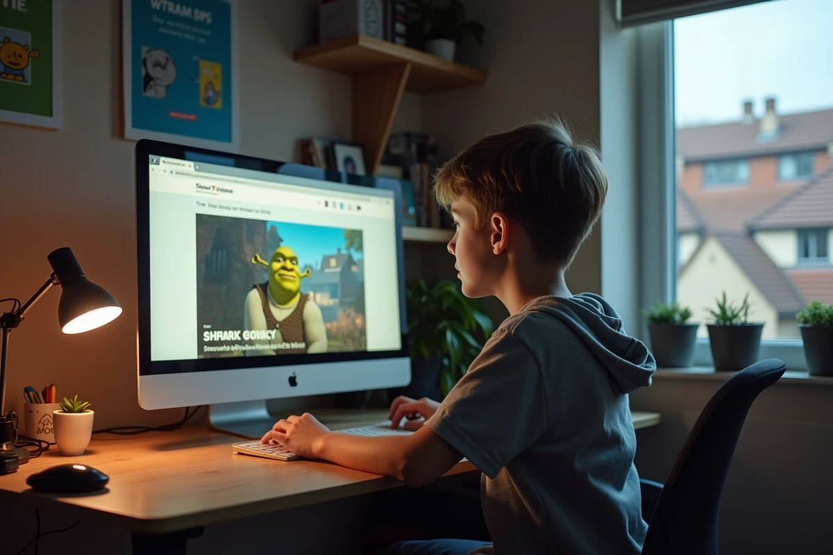 Adolescent concentré sur son ordinateur avec affiche Shrek