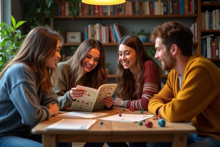 Quatre amis jouent à un jeu de société dans un salon chaleureux