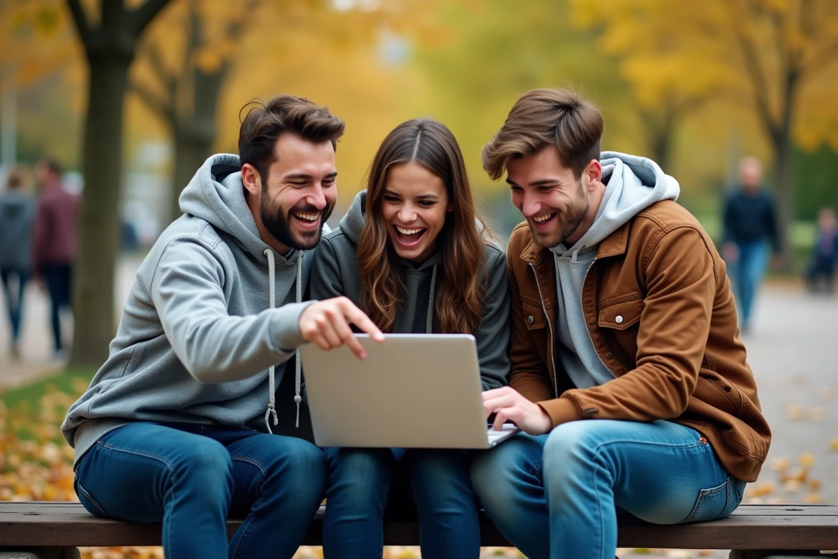 Groupe d'amis réagissant aux dernières tendances et actualités virales sur un ordinateur portable dans un parc urbain