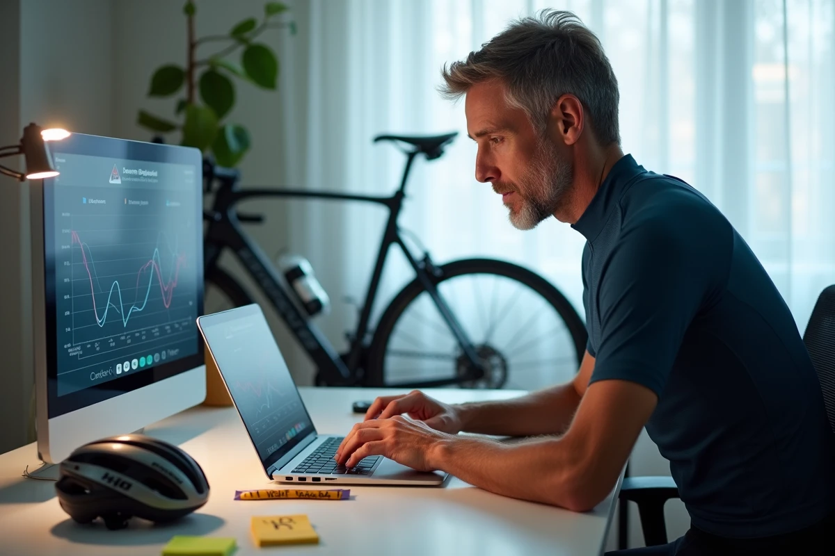 Cycliste analysant les données de performance de son Van Rysel RCR Pro sur ordinateur dans un bureau moderne