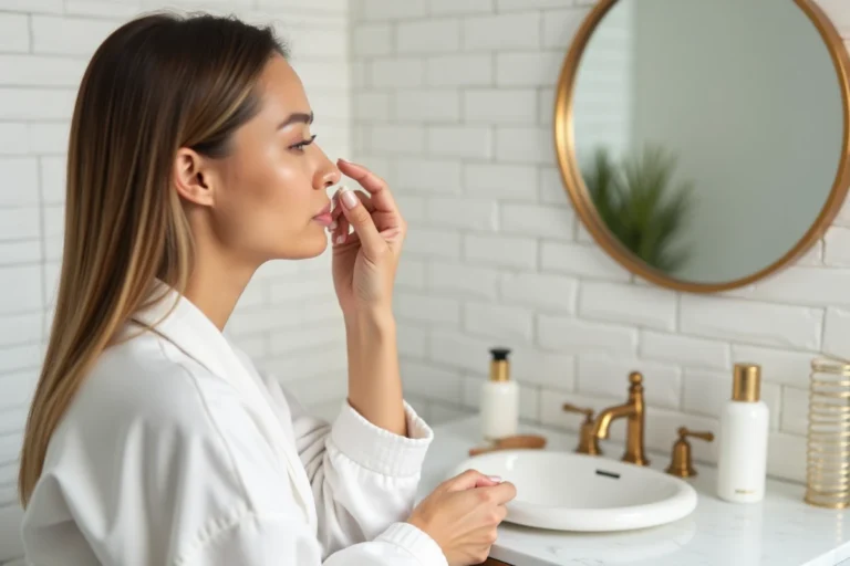 Femme appliquant un sérum visage devant un miroir en laiton dans une salle de bain moderne et épurée