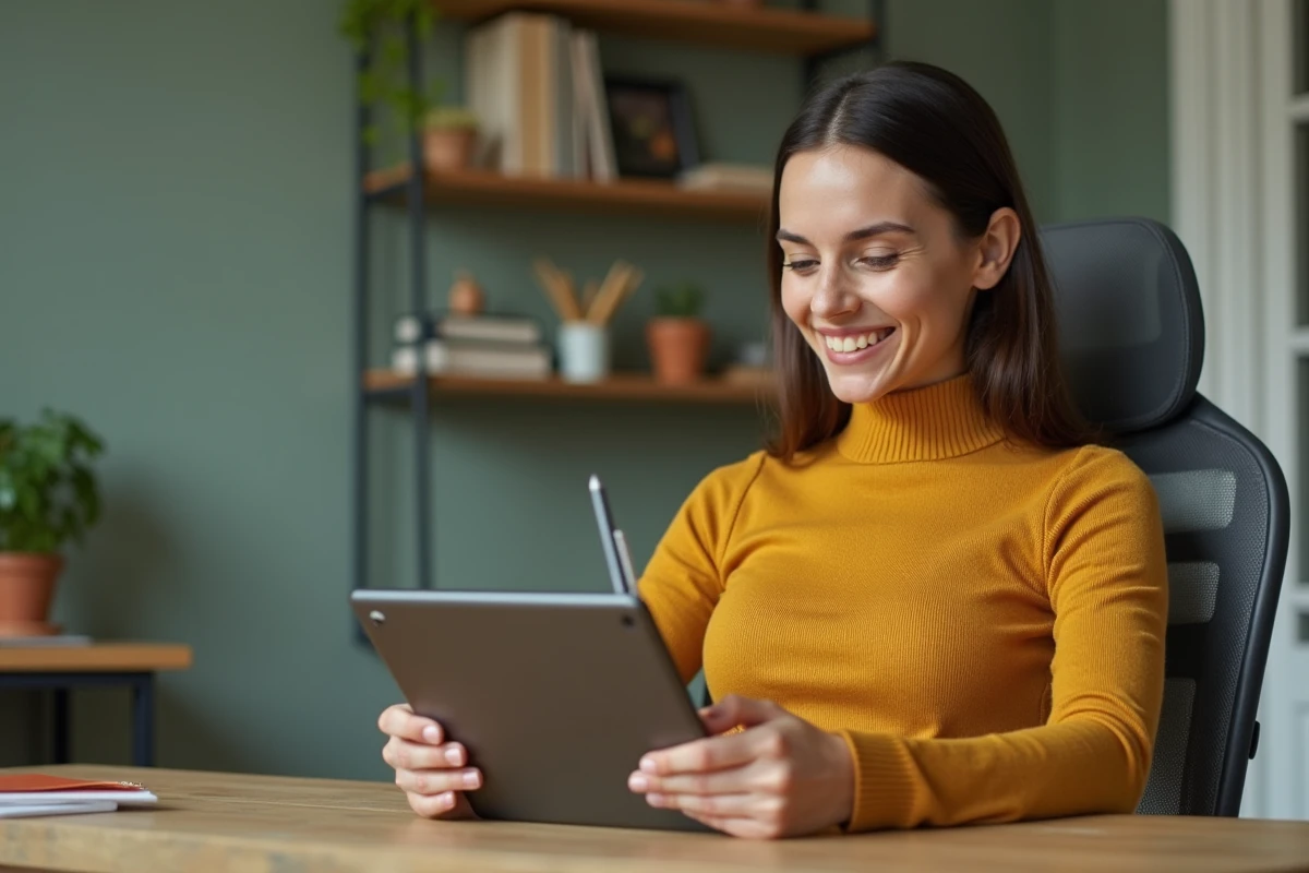 Jeune femme majeure protégée gérant son compte Proxima en autonomie sur une tablette depuis son domicile