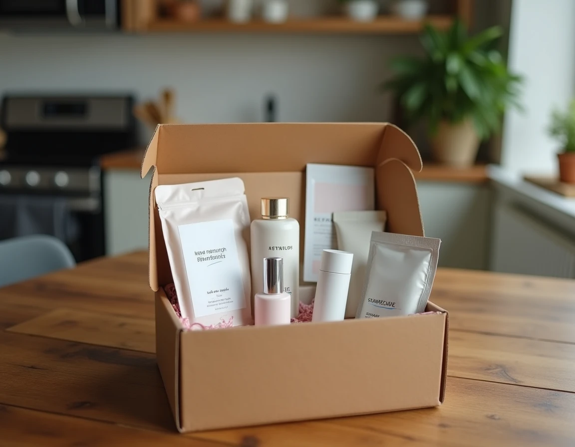 Boîte d'abonnement beauté Luvly ouverte sur une table en bois avec des produits de soin naturels