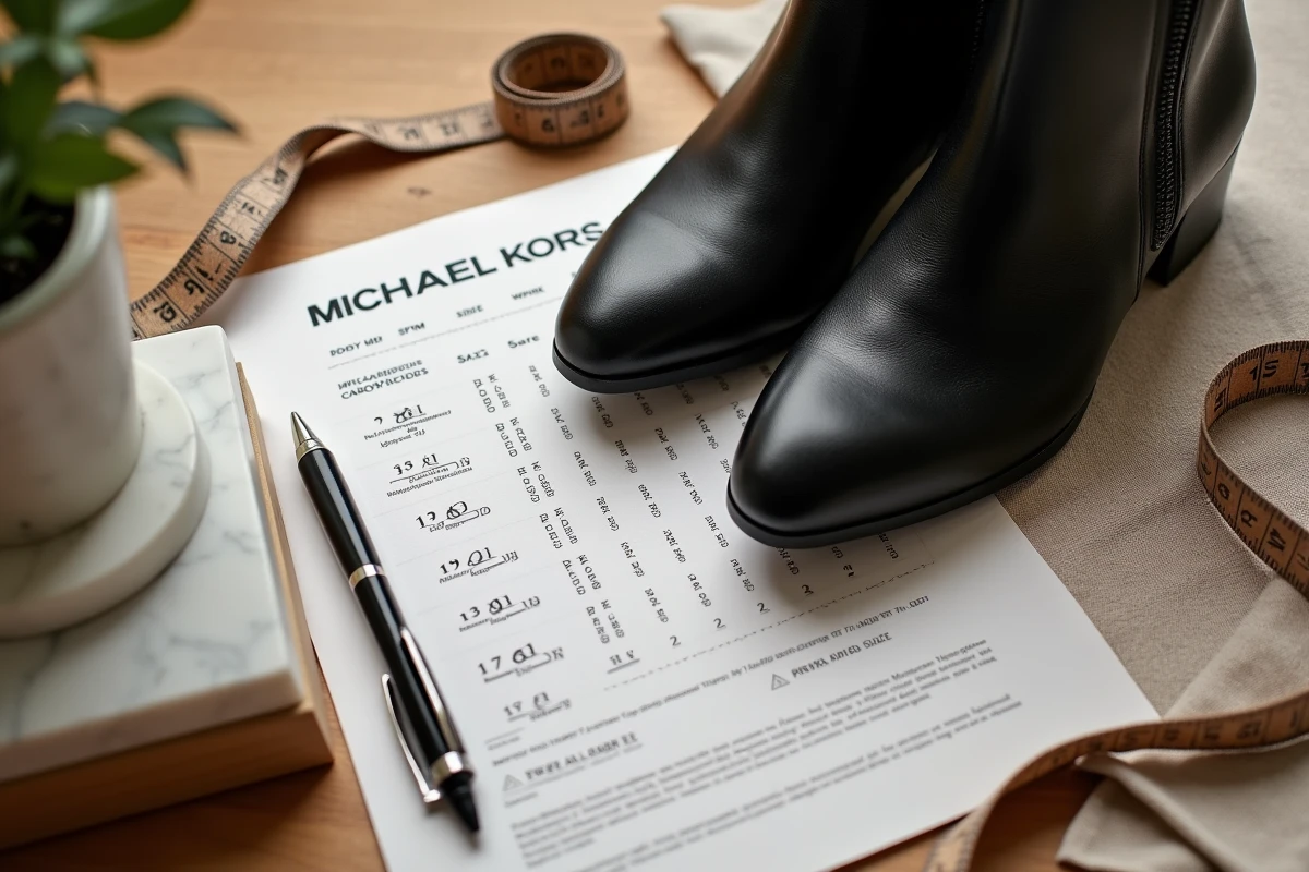 Boots Michael Kors noires avec guide des tailles et mètre ruban pour choisir la bonne pointure