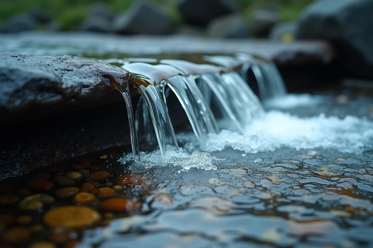 Gros plan d'une cascade en rideau sur une roche basaltique noire dans un environnement volcanique