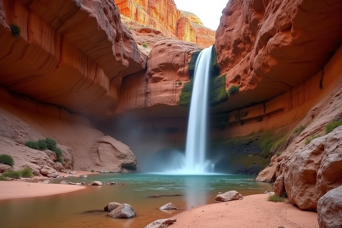 Chute d'eau fine et verticale dans un canyon de grès aux parois rouges en milieu aride