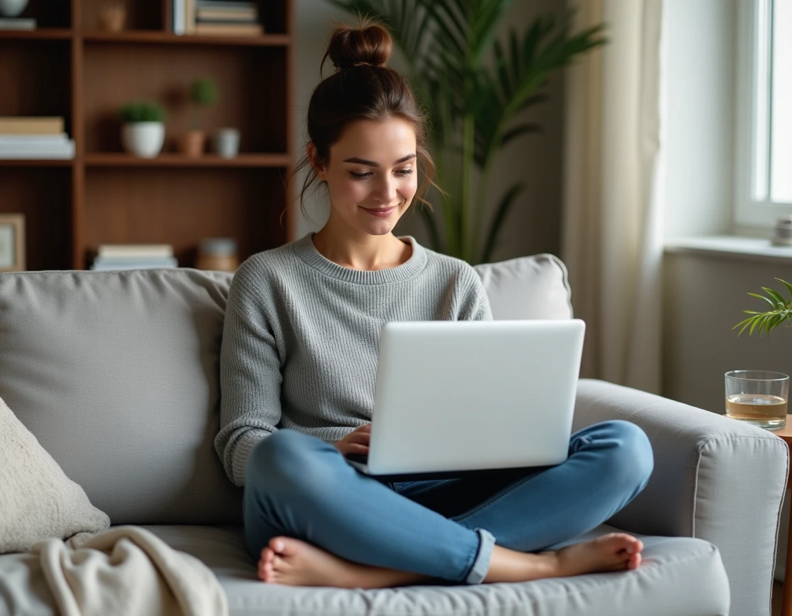 Femme comparant les tarifs et fonctionnalités d'un abonnement Luvly sur son ordinateur portable dans un salon