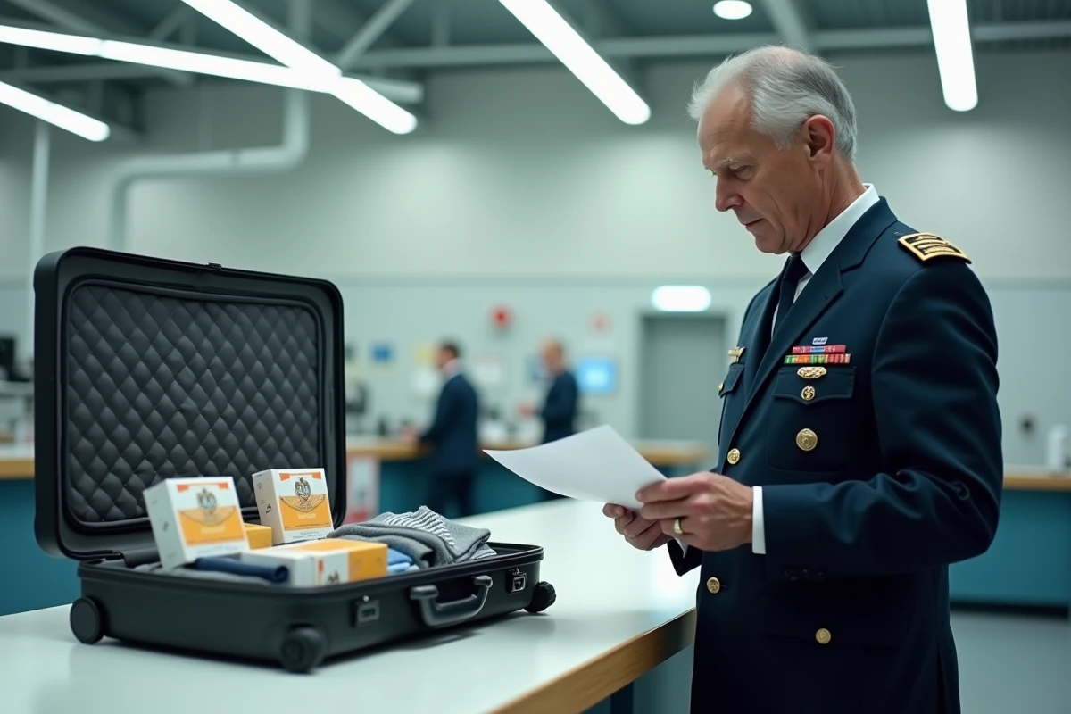 Agent des douanes françaises contrôlant une valise contenant des cartouches de cigarettes espagnoles lors d'une inspection douanière, en lien avec la réglementation 2026 sur le tabac