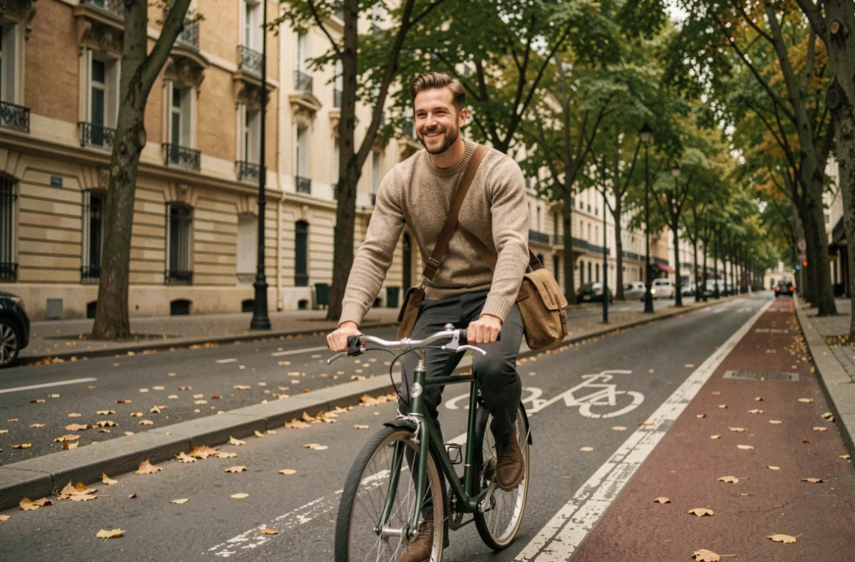 Homme à vélo sur un boulevard parisien en automne, illustrant un équilibre sain entre mobilité douce et vie professionnelle à Paris