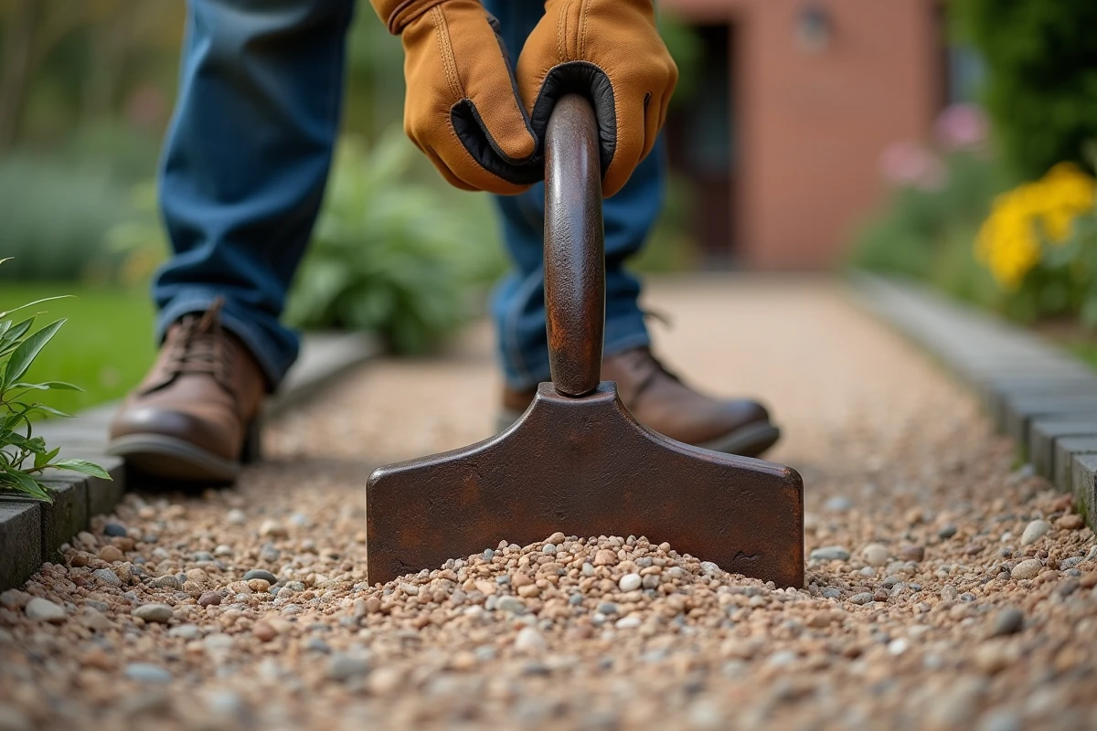 Gros plan d'un dame à main compactant du gravier concassé sur un chemin de jardin