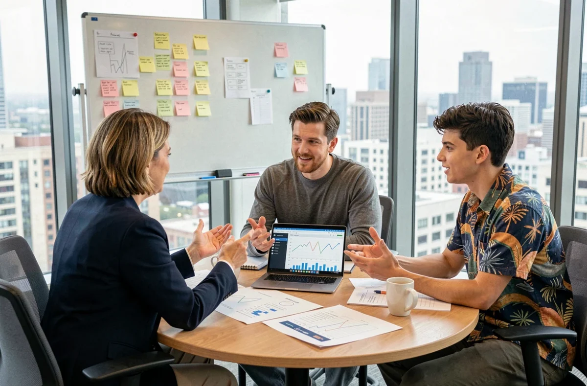 Équipe de professionnels collaborant autour de stratégies digitales dans une salle de réunion moderne avec vue sur la ville