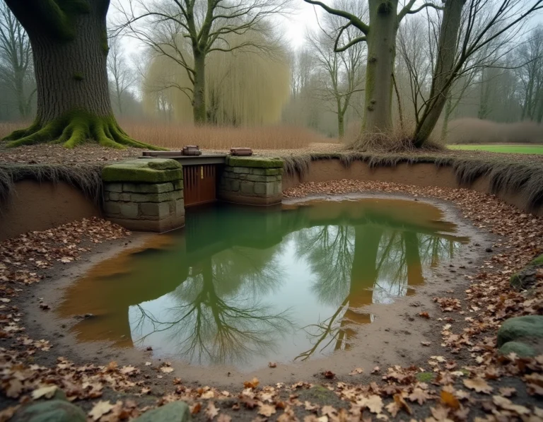 Étang abandonné asséché au printemps avec berges boueuses, roseaux envahissants et vanne rouillée, vue grand angle
