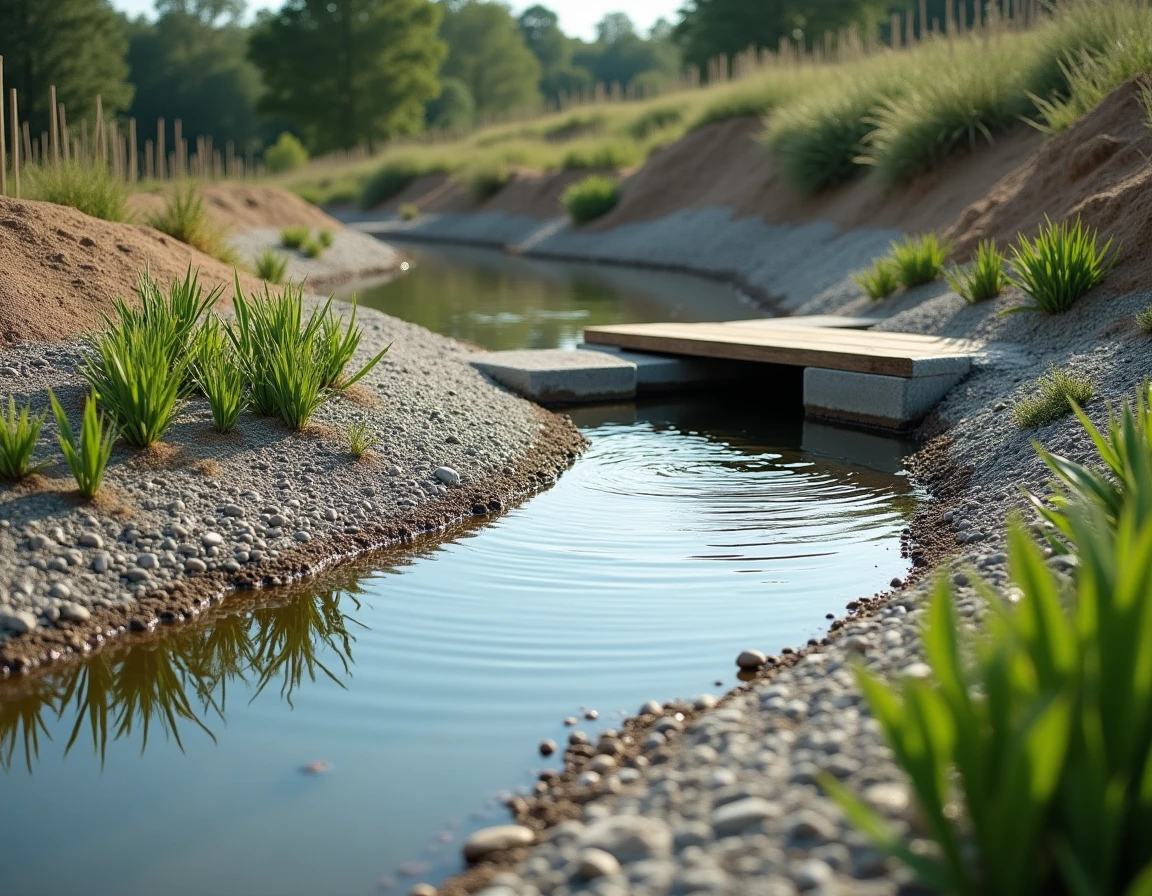 Étang rural restauré en cours de remplissage avec vanne en bois neuve, berges reprofilées et jeunes plantes aquatiques replantées