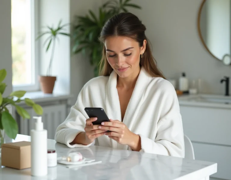 Femme consultant l'application Luvly sur son smartphone devant une vanité avec des produits de beauté en abonnement