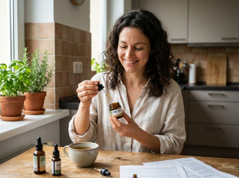 Femme souriante examine une bouteille de CBD dans sa cuisine