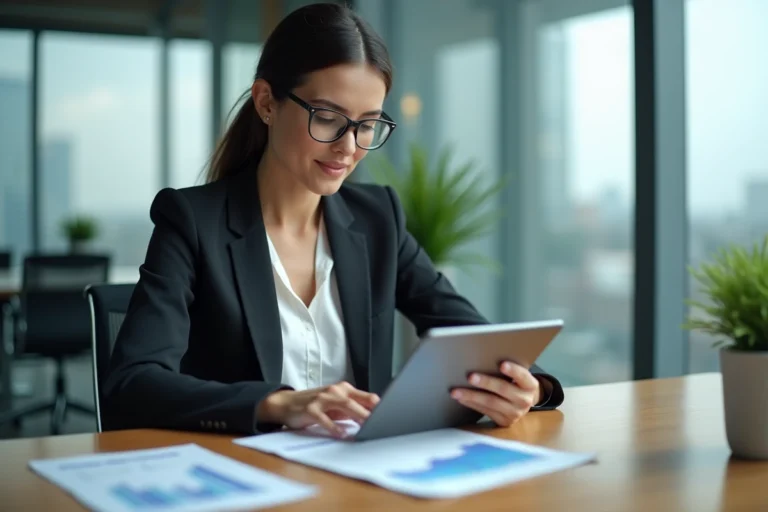 Femme confiante analysant un graphique de ventes sur tablette