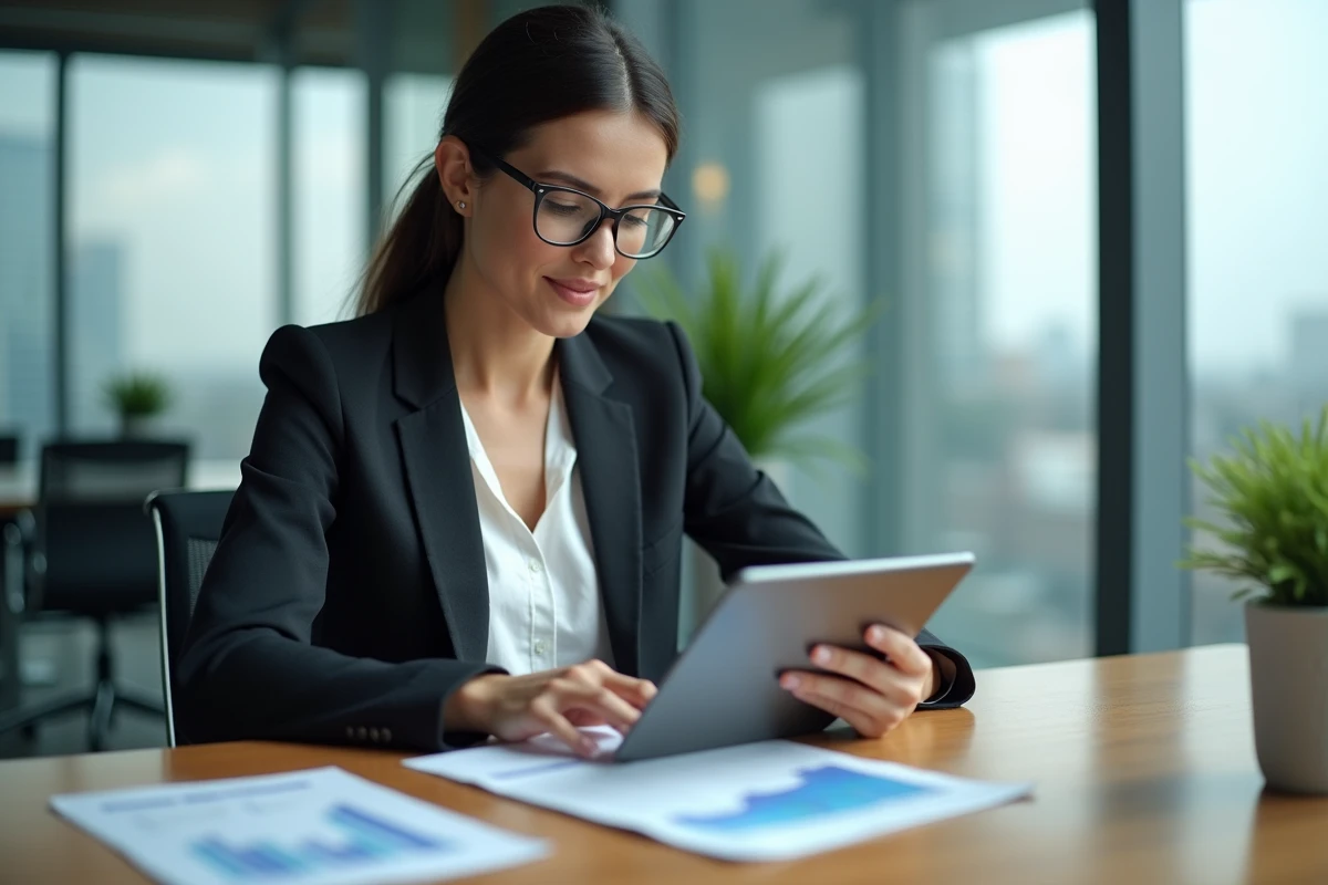 Femme confiante analysant un graphique de ventes sur tablette