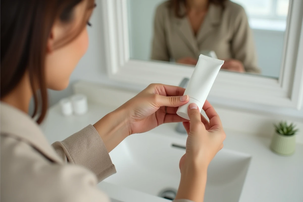 Femme appliquant de la crème hydratante sur la marque de bague à son doigt devant un miroir de salle de bain