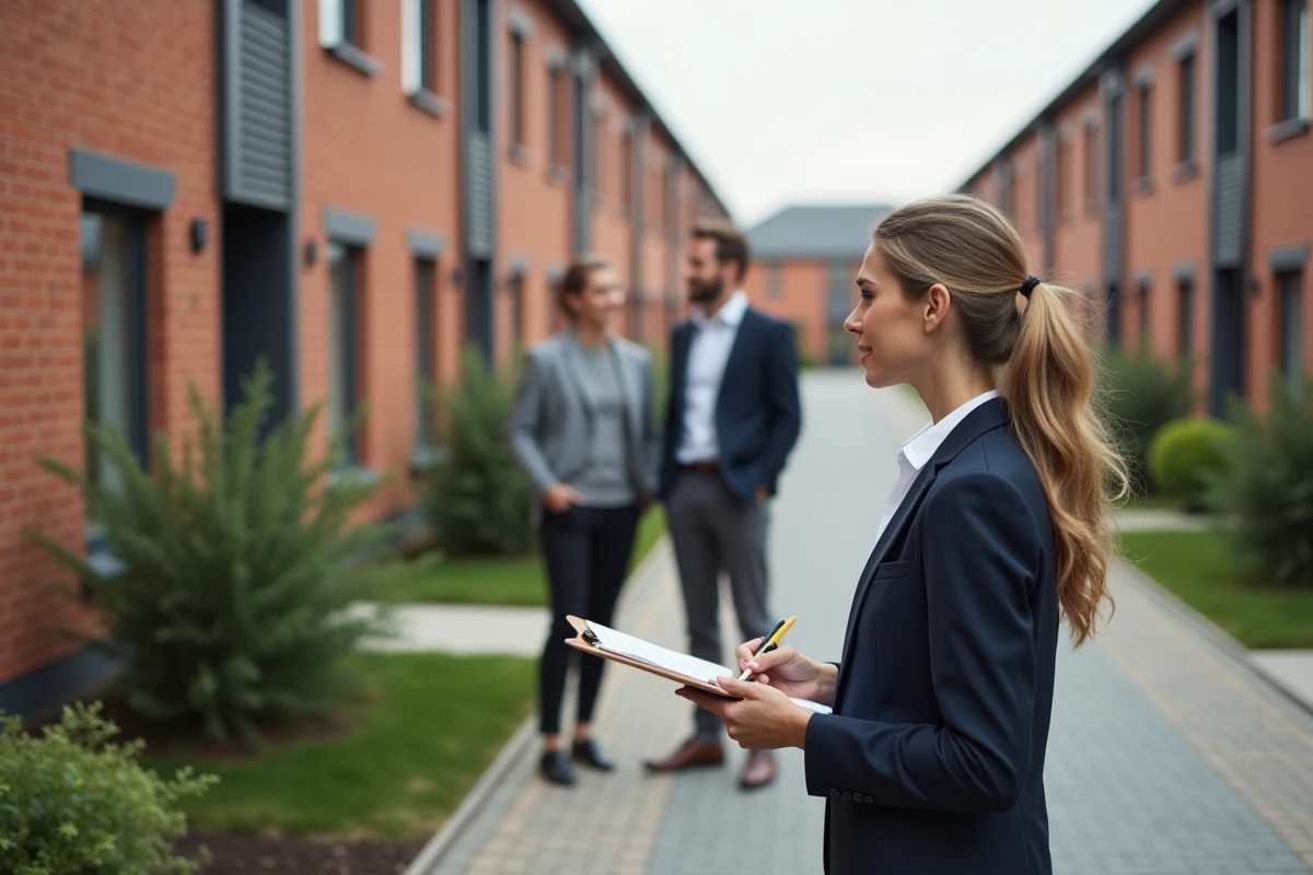 Femme professionnelle discutant avec un couple devant immeubles