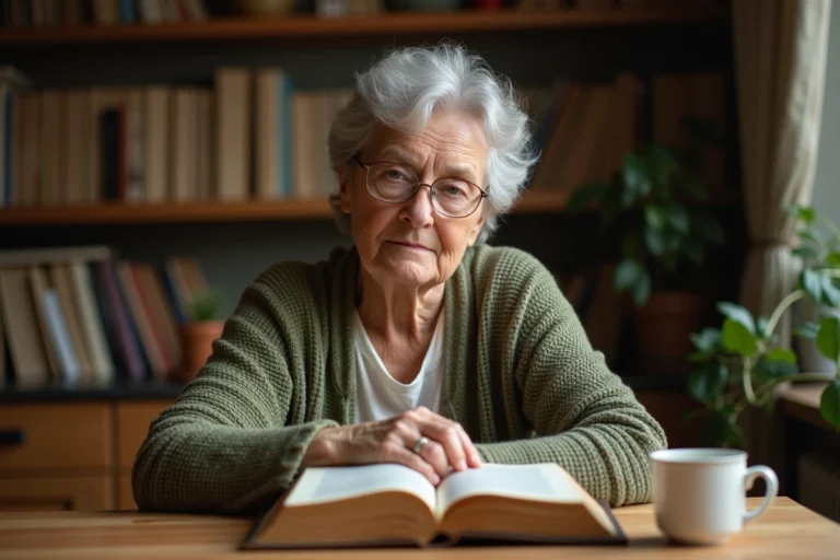 Femme d'âge mûr lisant la Bible à une table en bois dans une cuisine chaleureuse, ambiance de recueillement et de foi chrétienne
