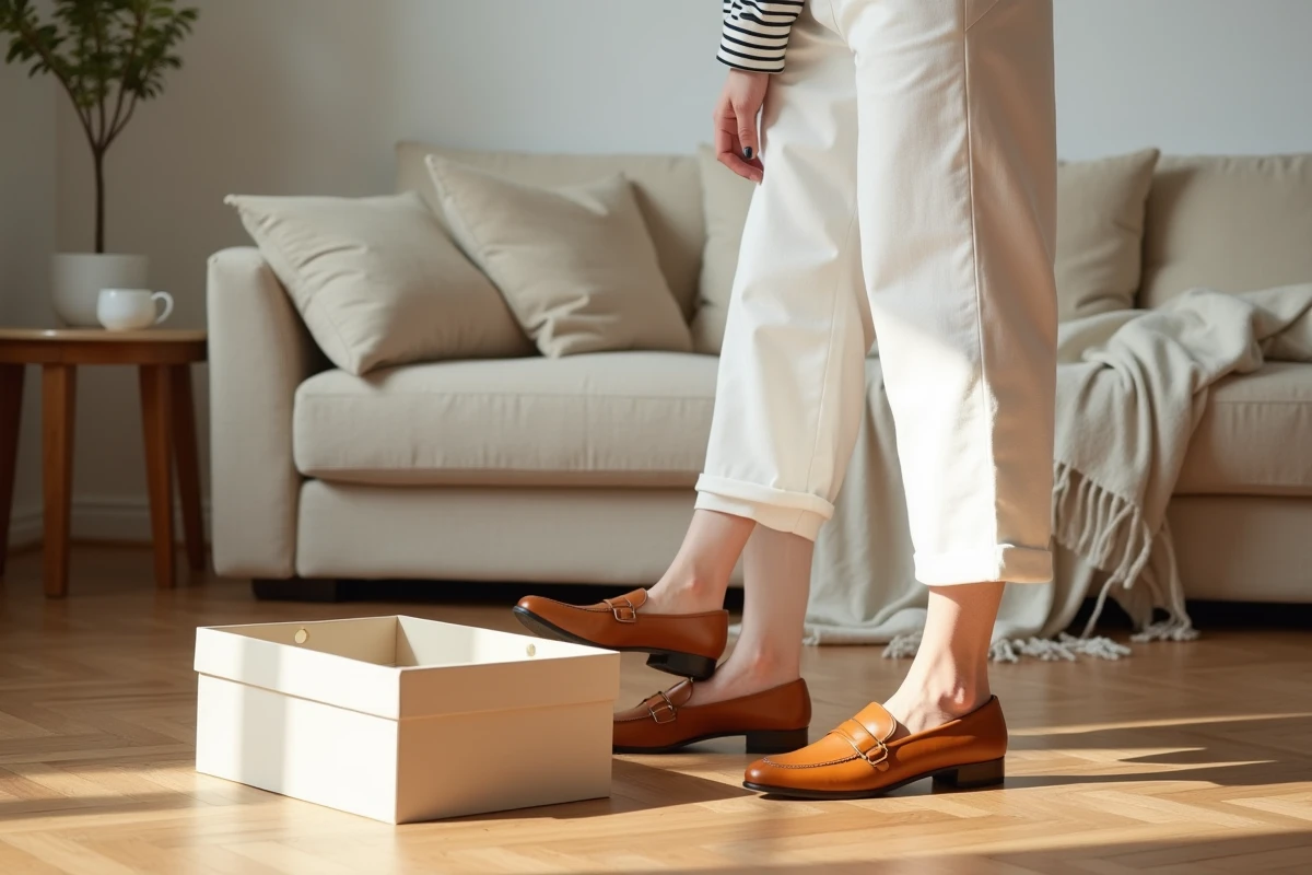 Femme enfilant un loafer Michael Kors dans un appartement parisien avec boîte à chaussures ouverte