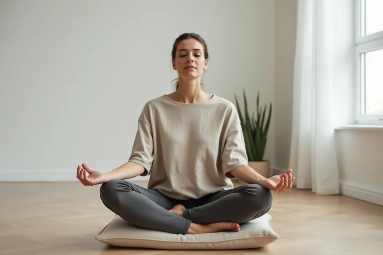 Femme pratiquant la méditation assise en tailleur sur un coussin de lin, les mains posées sur les genoux, dans un espace minimaliste aux tons chauds