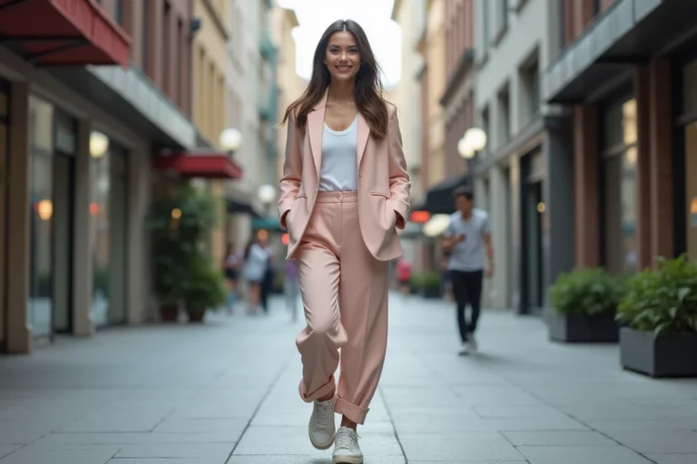 Femme élégante dans la ville en blazer pastel