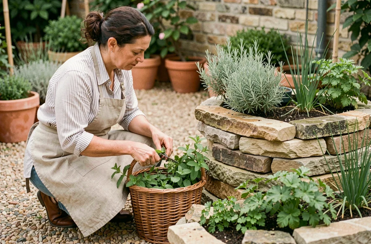 Femme récoltant de la menthe dans un jardin aromatique en spirale construit en pierres naturelles, avec panier en osier et herbes variées