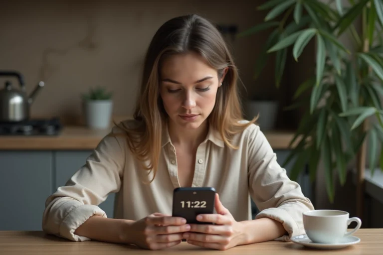 Femme réfléchissant devant son smartphone dans la cuisine
