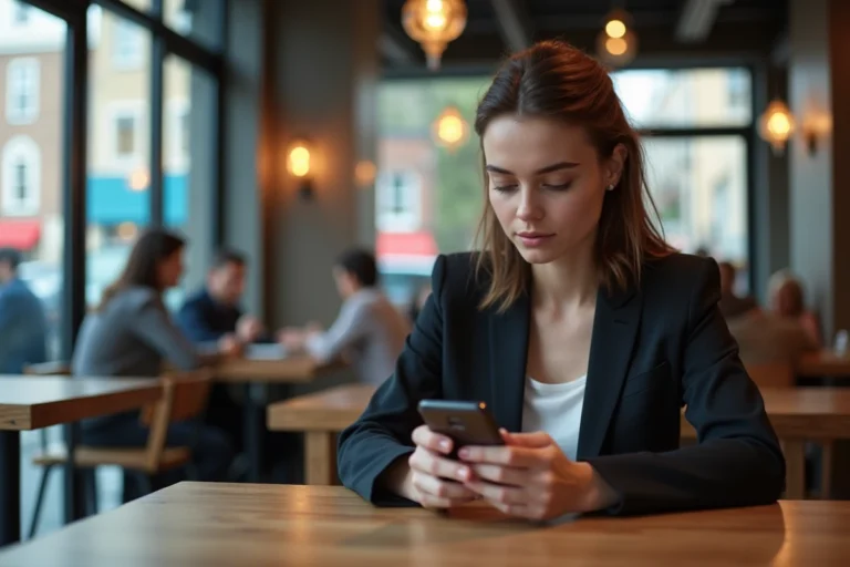 Jeune femme en café lisant des nouvelles sur son smartphone