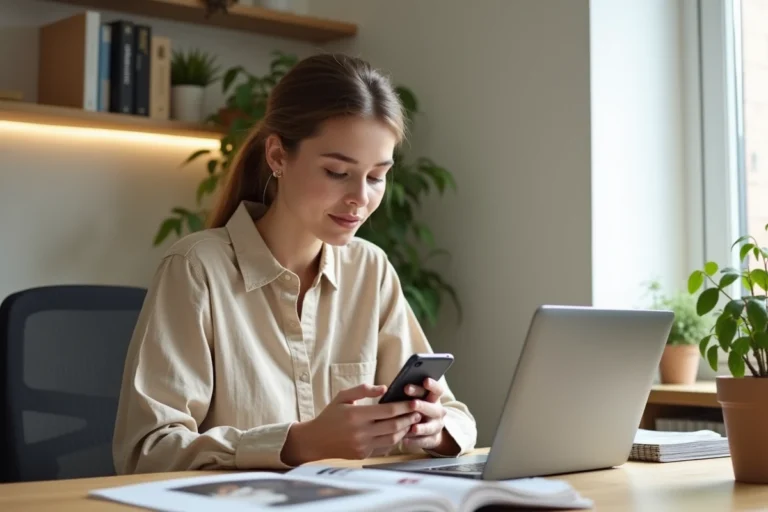 Jeune femme consultant les dernières tendances et actualités sur son smartphone dans un bureau moderne à domicile