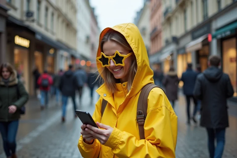 Jeune femme amusante en imperméable jaune portant des lunettes en forme d'étoiles dans une rue piétonne animée, regardant son smartphone avec un sourire spontané