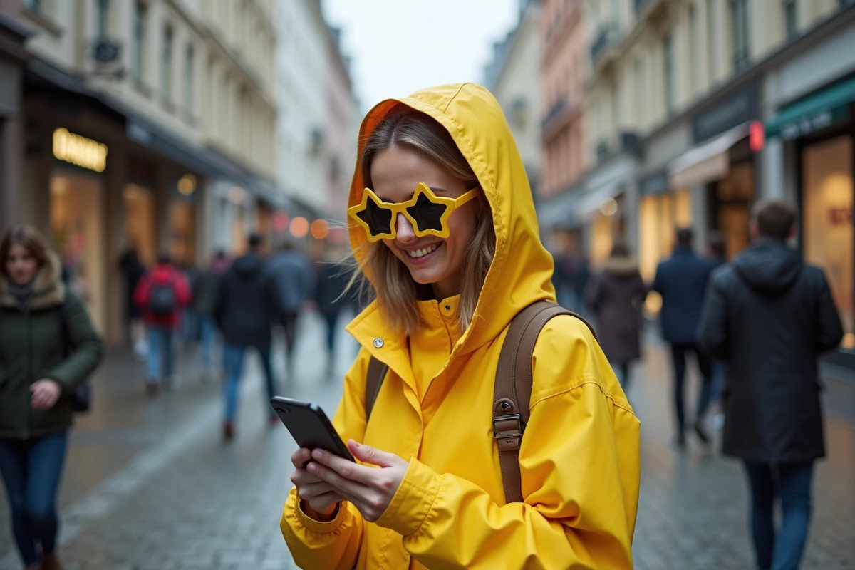 Jeune femme amusante en imperméable jaune portant des lunettes en forme d'étoiles dans une rue piétonne animée, regardant son smartphone avec un sourire spontané