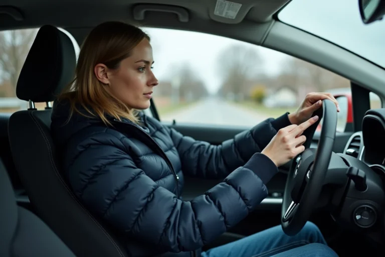Femme en voiture allumant le feu de croisement en hiver