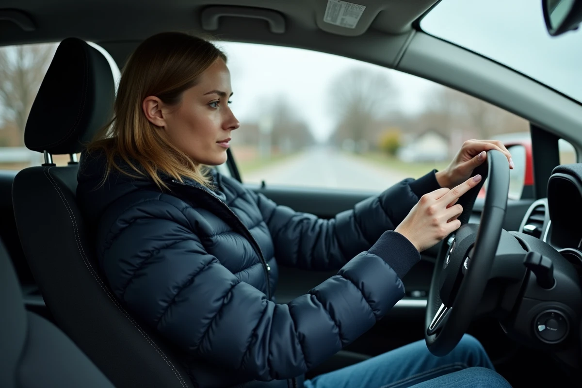 Femme en voiture allumant le feu de croisement en hiver