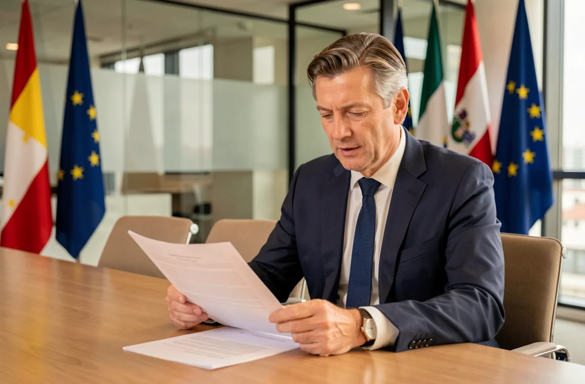 Fonctionnaire européen analysant des rapports sur la politique migratoire dans un bureau administratif officiel