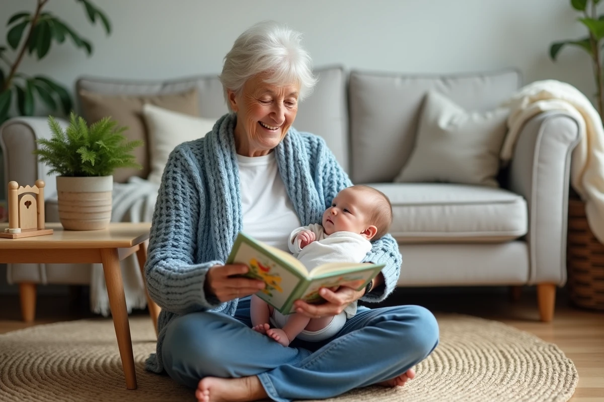 Grand-mère lisant un livre illustré à son petit-enfant nouveau-né dans un salon familial chaleureux et bien aménagé