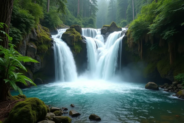 Grande cascade naturelle tombant sur des rochers de granit couverts de mousse dans une forêt tempérée luxuriante