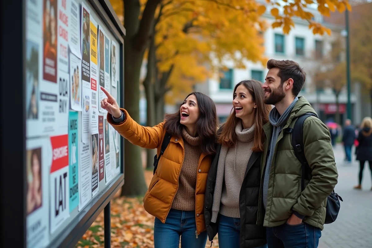 Groupe de trois amis riant devant un panneau d'affichage public couvert de flyers colorés et d'annonces insolites dans une place de ville en automne
