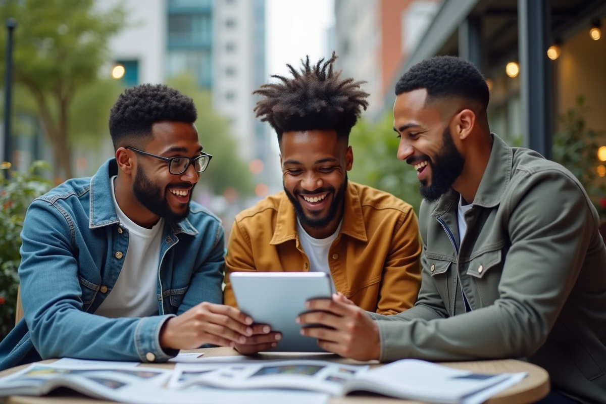 Groupe de jeunes discutant d innovation digitale en plein air