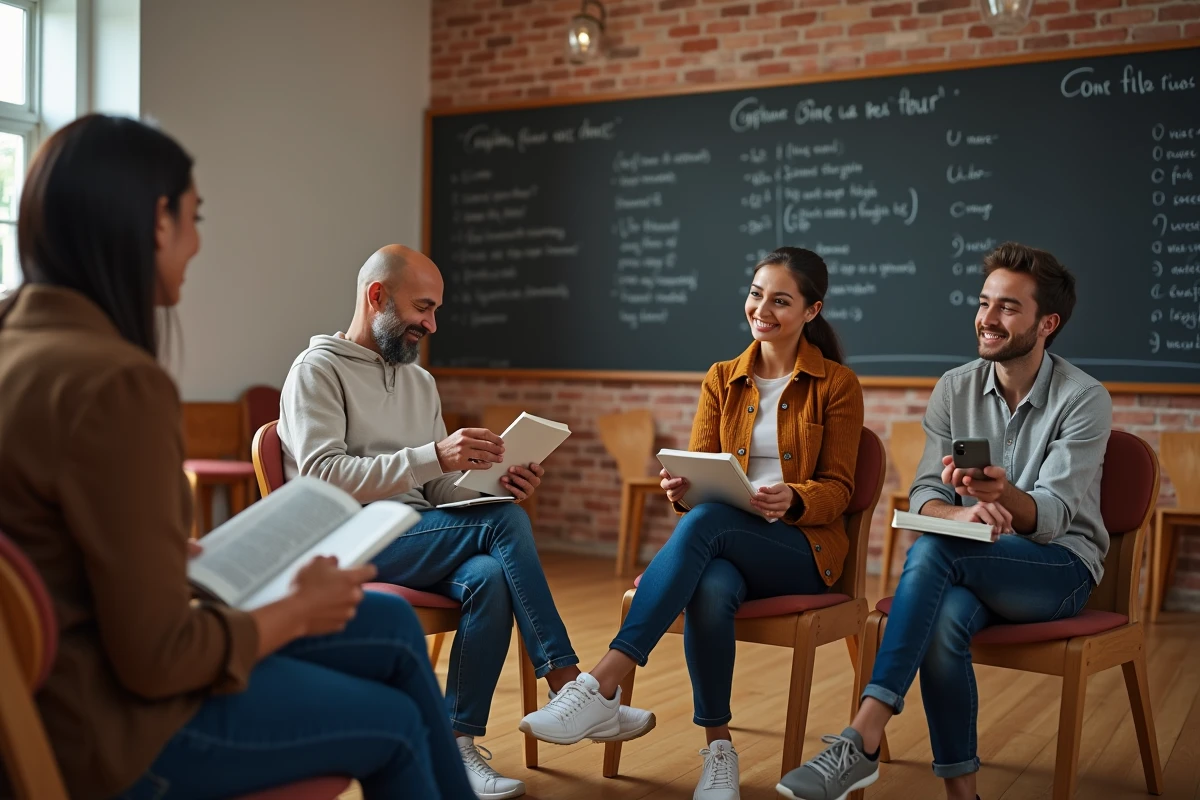 Groupe de fidèles adultes participant à une étude biblique dans une salle d'église moderne, discussion sur les textes sacrés