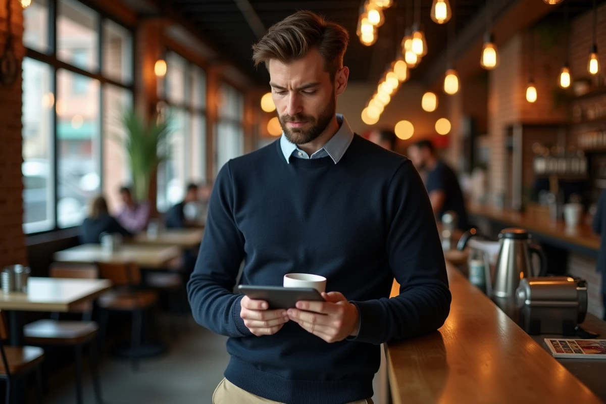 Homme trendy lisant les actualités en ligne sur une tablette dans un café urbain branché