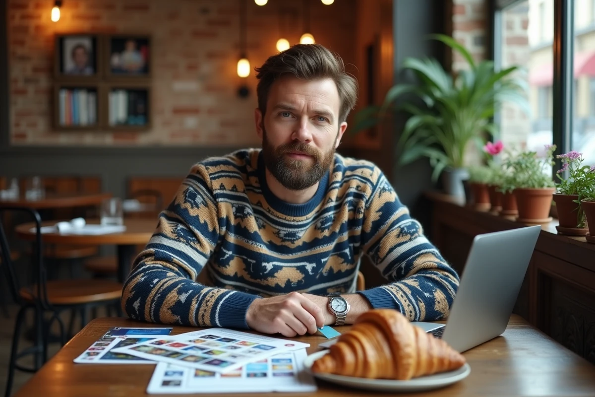 Homme barbu en pull original à motifs animaux travaillant dans un café parisien entouré de documents sur les tendances et d'un ordinateur portable ouvert
