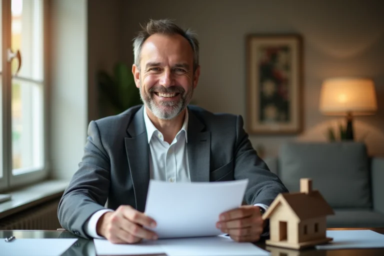 Homme souriant avec documents immobiliers et maquette de maison