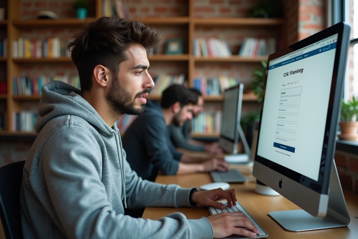 Homme consultant la plateforme Netypareo pour son inscription au CFA dans un espace de coworking