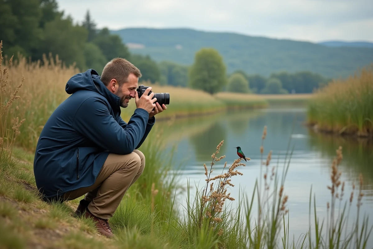 Homme photographiant un oiseau au bord d’un lac rural