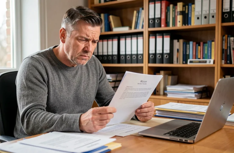 Homme stressé lisant une lettre de relance de créancier à son bureau à domicile