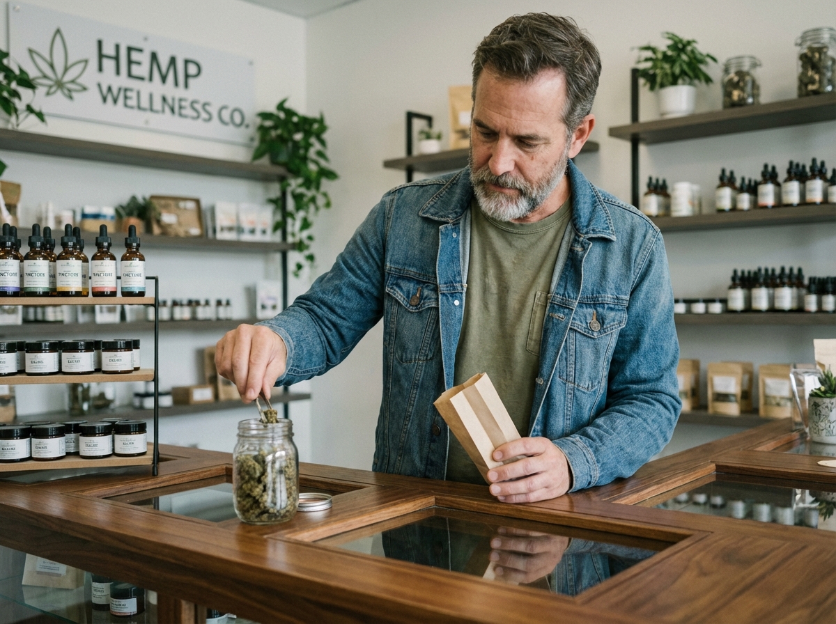 Homme choisissant des fleurs de chanvre dans une boutique CBD