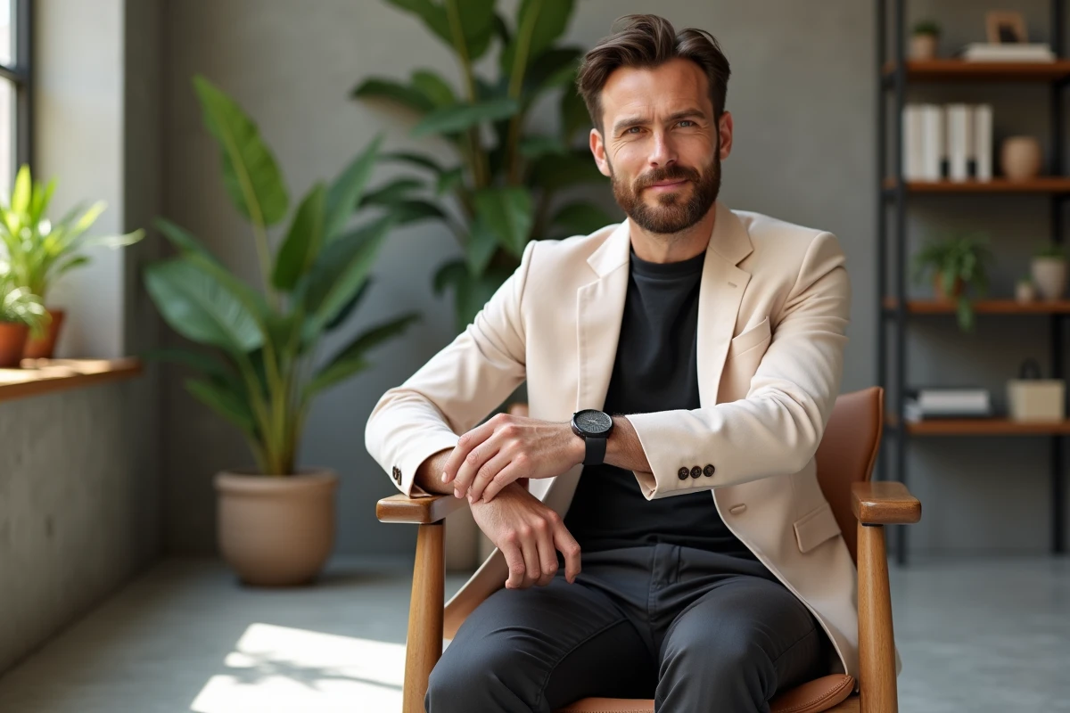 Homme élégant ajustant sa montre dans un loft lumineux
