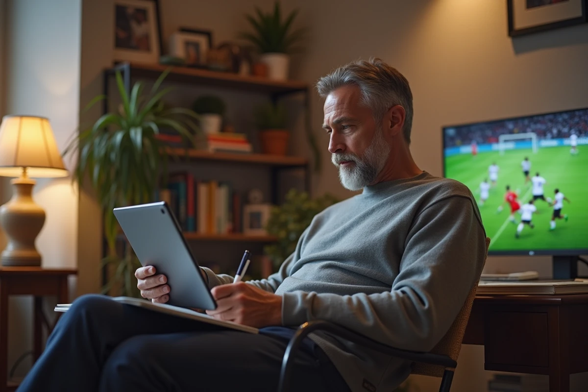 Homme d age moyen regardant un match de football sur une tablette